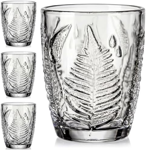 Clear Drinking Glasses Set of 4, 10 oz Glass Cups, Vintage Fern Glassware by QELVIO