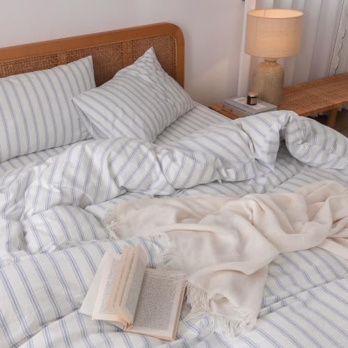 BESTOUCH Striped Cotton Duvet Cover Set Linen Feel Alaska King - Image 2