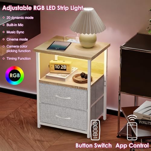 Fixwal Night Stand with Charging Station, Led Nightstand, 2 Fabric Drawers - Image 3