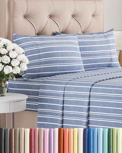 King Size 4 Piece Sheet Set - Breathable & Cooling Sheets - Blue Stripes by CGKUnlimited