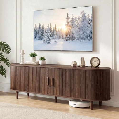 65" Mid Century Modern TV Stand, Wood TV Consoles with Sliding Doors and Power Outlet, Fluted Entertainment Center with Adjustable Shelves, Media Console for Living Room, Walnut by Unknown