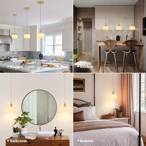 Shenmoyl Pendant Light 2 Pack with White Striped Glass Lmapshade, Brass Vintage Pendant Light Adjustable Hanging Light for Kitchen Island Dining Room Hallway - Image 2