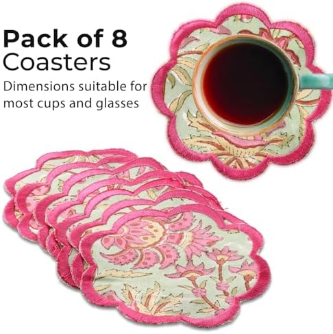 Ridhi 8-Pcs 100% Cotton Hand Block Print Drink Coasters 5" in Pistachio Green - Image 2