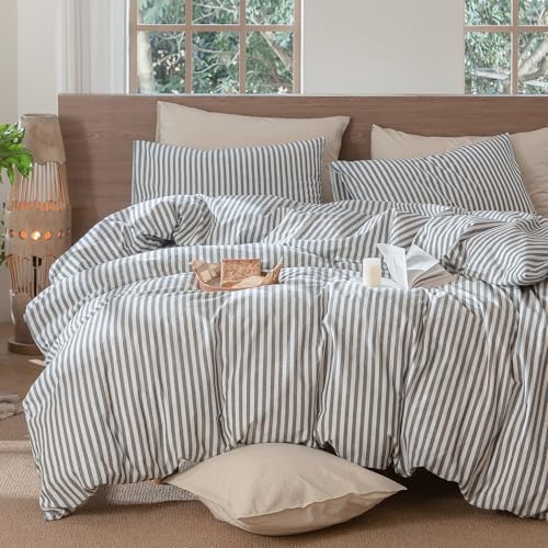 MooMee Striped Duvet Cover Set 100% Washed Cotton Linen Like Super Queen - Image 6