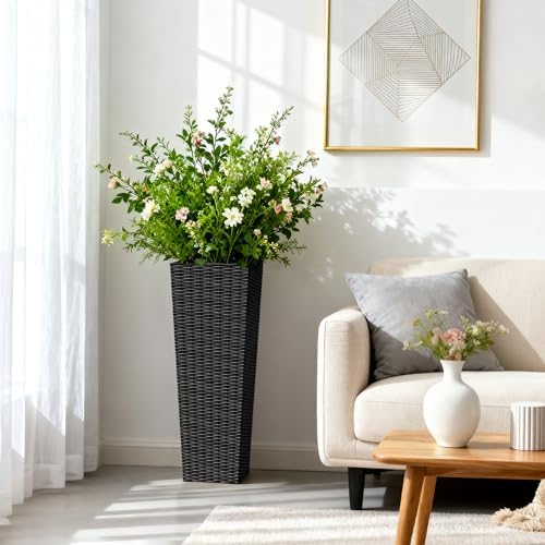 Greesum 32 Inch Tall Plastic Planters with Rattan Texture – Set of 2, Black - Image 4