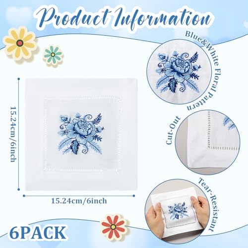 LemonRoad 6 Pcs Linen Cocktail Napkins Blue Floral Cloth Napkins Gifts for Women Embroidered Blue Floral Cotton Hemstitched Coasters for Wedding Tea Party Dining Table Decor, Washable, 6 x 6 Inch - Image 2