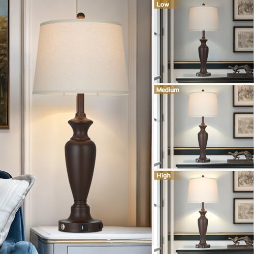 Cinyirong 30" Tall Metal Table Lamps Set of 2, Touch Control Bedside Lamps for Bedroom Nightstand, 3-Way Dimmable Farmhouse Lamp for Living Room with Charging Ports, Brown (2 LED Bulbs Included) - Image 3