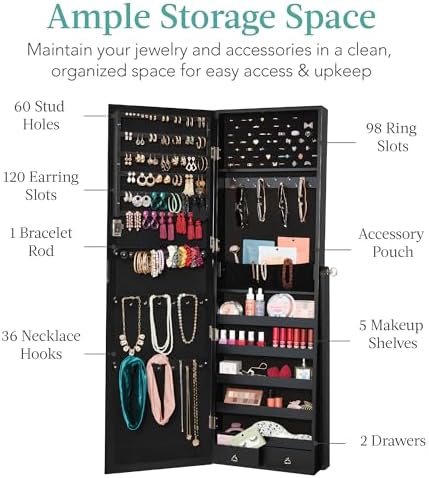 Best Choice Products Freestanding Jewelry Armoire Cabinet, Full Length Standing Mirror, Lockable Makeup Storage Organizer, w/Velvet Lining, 3 Angles, Lock, Accessory Pouch, 5 Shelves - Black - Image 2