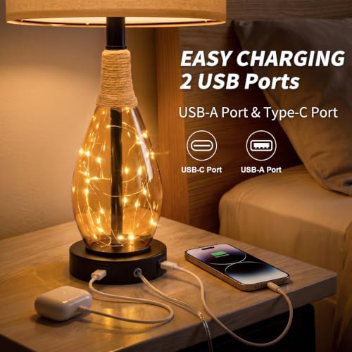 OYEARS 23" Table Lamps for Living Room Set of 2 Bedside Lamps for Night Stands Bedroom Lamps Farmhouse Rattan Boho Lamp Glass Nightlight End Table Lamp,Two Light Points - Image 2