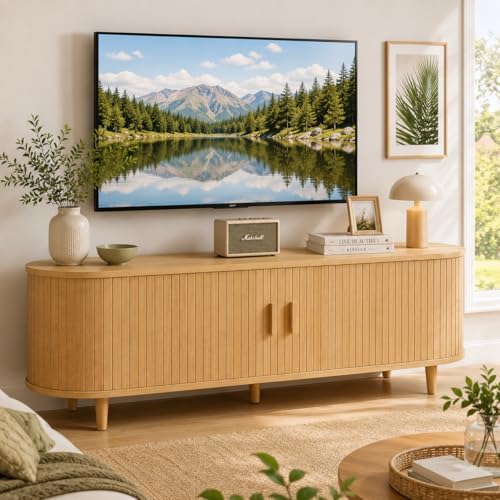 MXV 58" Mid-Century Modern TV Stand with Sliding Doors, TV Consoles with Power Outlet, Fluted Entertainment Center with Adjustable Shelves for Living Room by Unknown