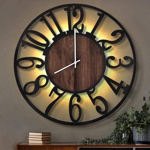 LEIKE Large Wall Clocks with Night Light Battery Operated,Silent Non Ticking,Rustic Modern Big Wood Clock for Living Room, Bedroom,Kitchen,Farmhouse,Office,Home Decor-32 Inch(Black-Arabic Number) by LEIKEWALLCLOCK