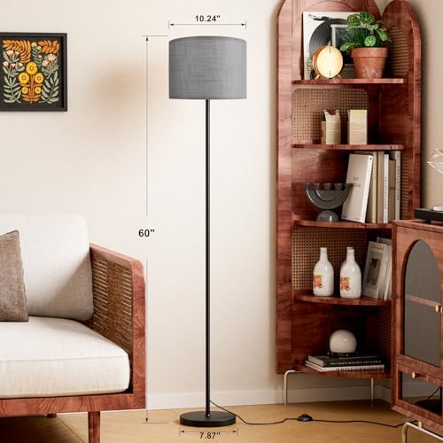 Ambimall 60'' Modern Floor Lamp with Shade, Tall Lamps for Living Room, Bedroom, Office, Dining Room, Linen Grey Shade with Black Pole(Without Bulb) - Image 2