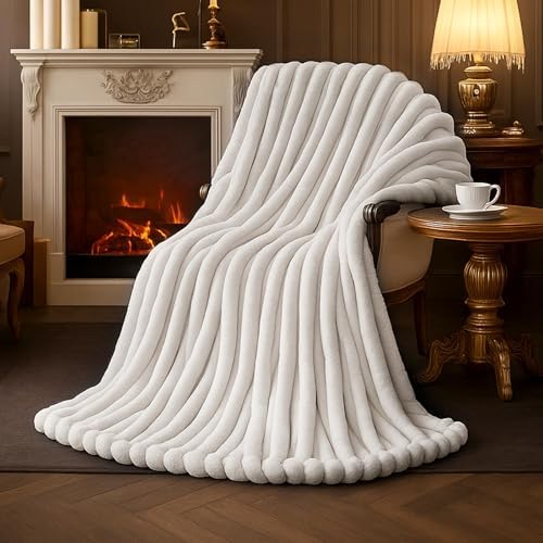 Amélie Home Soft Striped Faux Fur Throw Blanket for Bed, Ivory, 60"x80" by Am%C3%A9lieHome