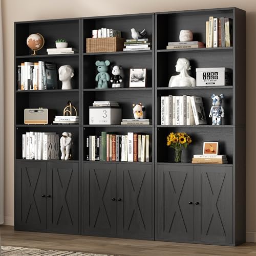 Shintenchi Bookshelf, Industrial Bookshelves and Bookcases with Doors Floor Standing 6 Shelf Display Storage Shelves 70.9 inches Tall Bookcase for Home Office, Living Room (Black) - Image 2