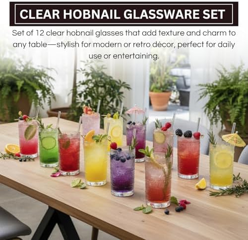 12-Piece Hobnail Drinking Glasses Set, 12 oz Large Vintage Highball Glassware with Straws, Heavy Textured Beaded Tall Tumblers for Water, Juice, Soda & Cocktails, Clear Retro Barware, Dishwasher Safe - Image 3
