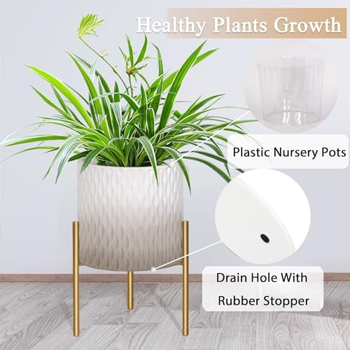 ARNIS Plants Pots with Stand, Set of 2 Indoor Planter Pots, Unique Mid Century Decorative Metal Flower Pots with Drainage,8.25 & 10.5 Inch, Grey and White - Image 4