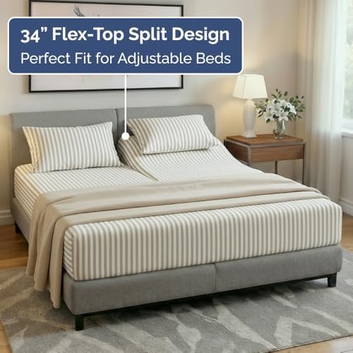 Flex Top Split Head King 4 Piece Sheet Set - Soft & Cooling - Beige Stripes - Image 4