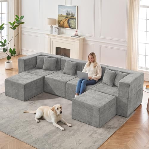 MONVANE Modular Sectional Cloud Couch for Living Room - 130'' 6 Seater Convertible Chenille Couches Set with Ottoman, No Assembly Compression Sofas, Comfy Floor Sofa with Memory Foam, Light Grey - Image 2