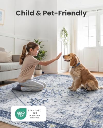 Amada Large 8x10 Washable Area Rug for Living Room, Blue, Vintage Pattern - Image 6