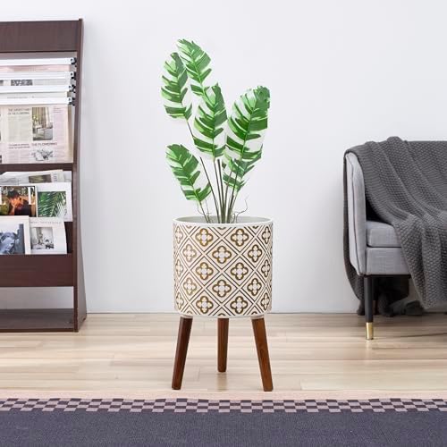 naclto 12 Inch Planter Pot with Stand,Plant Stand Plant Pot for Indoor Plants,Large Modern Flower Pots Indoor Outdoor with Drainage for Home Garden Patio, White and Gold - Image 4