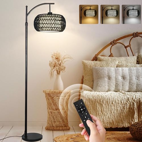 ZECOXOL Arc Floor Lamp with 3 Color Temperatures,Black Floor Lamp with Remote Control, Boho Standing Lamp with Rattan Wicker Shades, Farmhouse Tall Pole Lamp for Living Room Bedroom by ZECOXOL