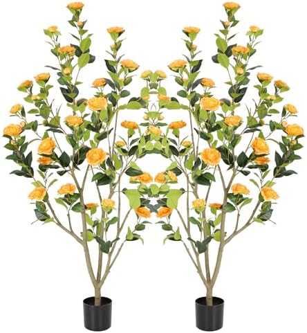 Nafresh 5FT Lush Artificial Orange Camellia Tree Outdoor 2 Pack, 60inch Faux Camellia Plant, Fake Camellia Flowers Tree for Indoor Outdoor Living Room Home Patio Front Door Garden Decor by Nafresh