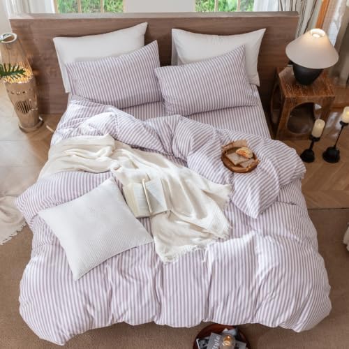 MooMee Striped Duvet Cover Set 100% Washed Cotton Linen Like Queen - Image 4