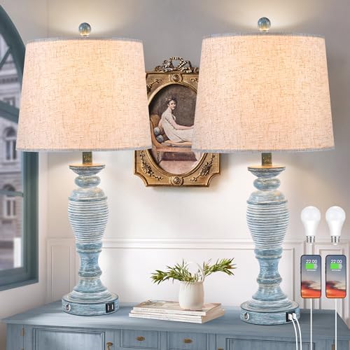 27.7” Farmhouse Table Lamps for Living Room, Blue&White, Set of 2 - Image 3