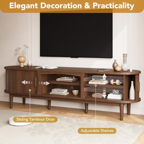 Decofy 69" Fluted TV Stand for TVs Up to 80" with Charging Station, Walnut - Image 4