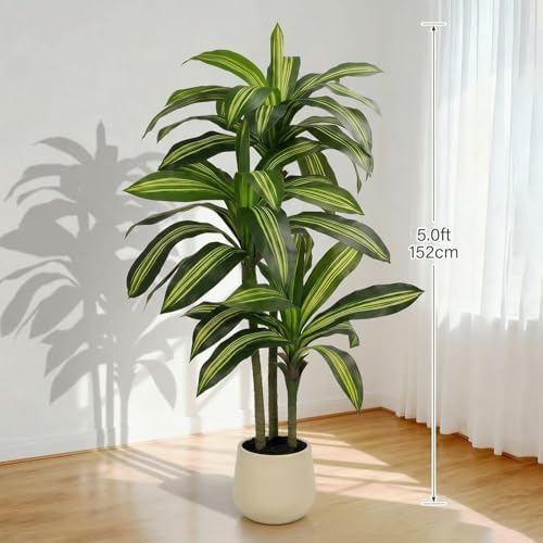 5FT Artificial Tree Dracaena Plant in Decorative Pot-Realistic Fake Plant for Indoor Outdoor Use,Home Office Living Room Decor,Real Touch Leaves,Housewarming Gift,Black Planter - Image 3