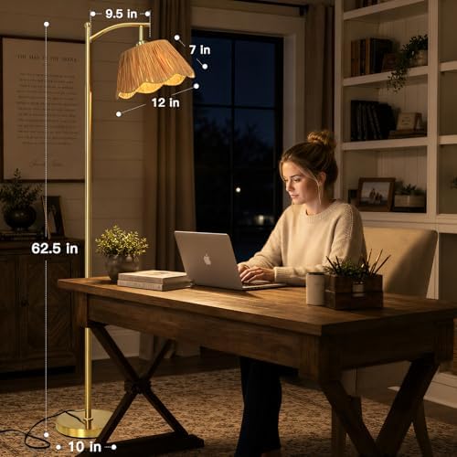 Cinyirong 62.5" Rattan Arc Floor Lamp with 3 Color Temperatures, Boho Hand Woven Shade Standing Floor Lamp, Gold Metal Base Foot Switch Farmhouse Tall Corner Reading Lamp for Living Room Bedroom - Image 3
