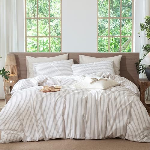 MooMee Striped Duvet Cover Set 100% Washed Cotton Linen Like Oversized King by MOOMEE