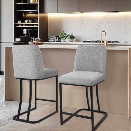 Counter Height Bar Stools Set of 4, 24 Inch Seat Height Bar Chairs for Kitchen Island, Linen Fabric Upholstered Barstools with Metal Feet for Dining Room, Gray - Image 5