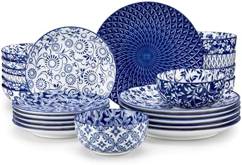 vancasso SELENE Plates and Bowls Set for 6, 24 Pieces Dinnerware Sets, Mircowave and Dishwasher Safe Dishes Set, Porcelain Blue Dinnerware by vancasso