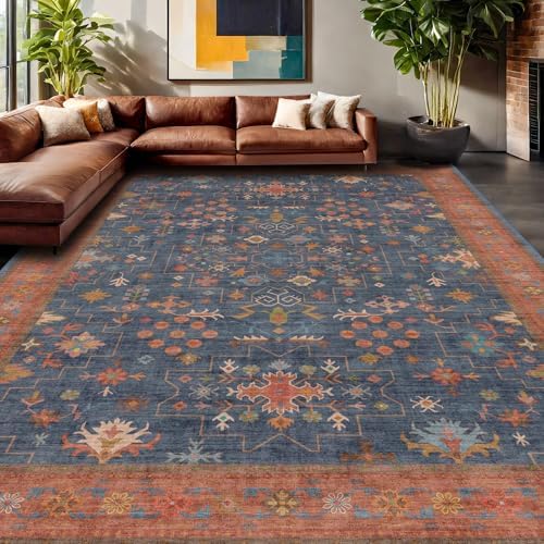 Boho Navy Blue 10x14 Area Rug for Living Room, Extra Large Dining Room Rugs for Under Table, Soft Low Pile Carpet for Bedroom - Vintage Floral Rug, Non-Slip & Stain Resistance (10x14 Navy Blue) - Image 3