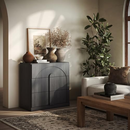 BELLEZE Sideboard Cabinet with 3 Drawers, Modern Wood Buffet Cabinet with Arc Design, Large Fluted Sideboard with Storage for Kitchen Living Room Entryway, Ebony - Image 5
