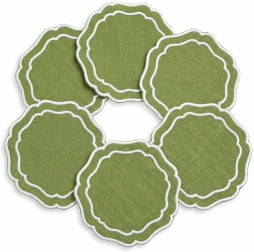 Linen Coasters for Drinks, Set of 6, 4.5 inch, Fern by EmbroideryLinenVN