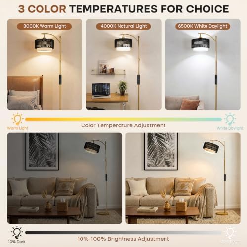 Arc Floor Lamp for Living Room with Remote, 57.5"-67" Height Adjust Dimmable Bulb Floor Lamps with 3 Color Temps, Boho Standing Lamp with Rattan & Fabric Shades, Farmhouse Tall Lamp for Bedroom Corner - Image 2