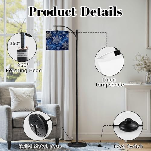 Arc Floor Lamp Golden Snowflakes Blue Winter Sky Swirling Patterns Dimmable Modern Standing Lamp with Remote Adjustable Drum Shade Footswitch Tall Pole Lamp for Living Room Bedroom - Image 6