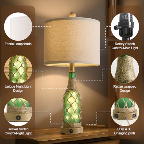 OYEARS 23'' Boho Table Lamps with Night Light for Living Room, Bedside Lamps Set of 2 with A+C Charging Ports for Bedroom, Farmhouse USB Lamps for Nightstand Console, Glass Bottle Rope Base, Green - Image 5