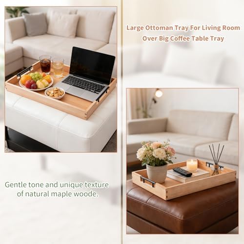 Large Ottoman Tray, 20"x14" Rectangular Trays for Big Ottoman, Maple Wooden Serving Tray with Metal Handles, Wood Serving Tray Counter Kitchen, Living Room Coffee Table Decor Organizer - Image 3