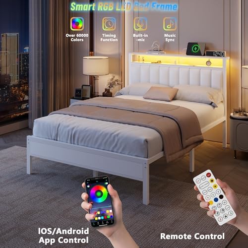 Furnulem White Full Size Bed Frame with Charging Station & LED Lights - Image 3