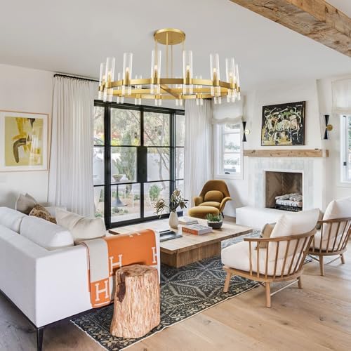Modern 48" Gold Wagon Wheel Chandelier, Brass Round Chandeliers for Dining Room,16-Light Farmhouse Living Room Chandelier with Glass Tube for Bedroom,Staircase, Foyer, Entryway, Includes Bulbs - Image 4