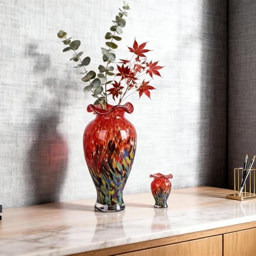 12.2H Murano Hand Blown Glass Vase, Ruffled Scalloped Rim Wide Mouth Colorful Decorative Flower Vase, Large Glass Centerpiece for Living Room, Bathroom, Office, Bookshelf, Entryway, Mantel Decor (Red) - Image 2