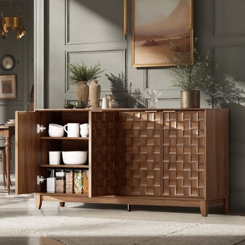 COLAMY 60" Sideboard Buffet Cabinet with Storage, Modern 4-Door Buffet Table with 3D Checkerboard Doors & Solid Wood Legs, Large Coffee Bar Cabinet for Dining Room, Living Room, Entryway, Espresso - Image 3