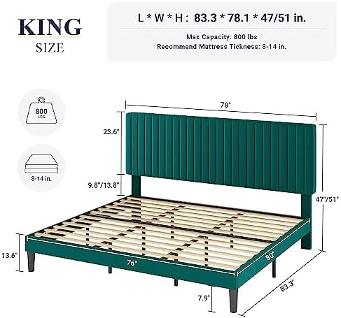 Allewie King Bed Frame, Velvet Upholstered Platform Bed with Adjustable Vertical Channel Tufted Headboard, Mattress Foundation with Strong Wooden Slats, Box Spring Optional, Easy Assembly, Teal - Image 2