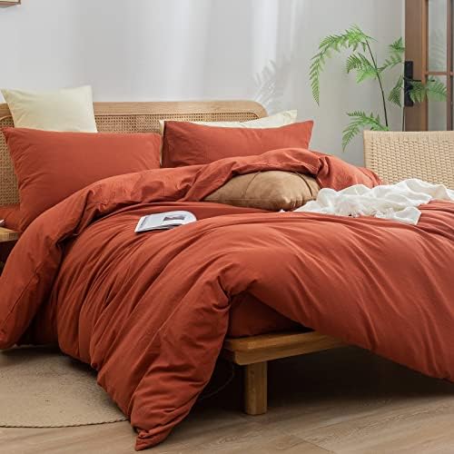 BESTOUCH Cotton Solid Duvet Cover Set Linen Feel Burnt Brick Red King - Image 4
