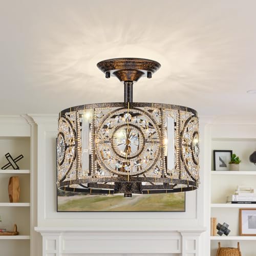 Vintage Crystal Drum Chandelier, 3-Lights Bronze Finish Retro Chandelier Lighting Fixtures, Semi Flush Mount Ceiling Light for Dining Room Living Room Bedroom Entryway Etc. by Zicbol