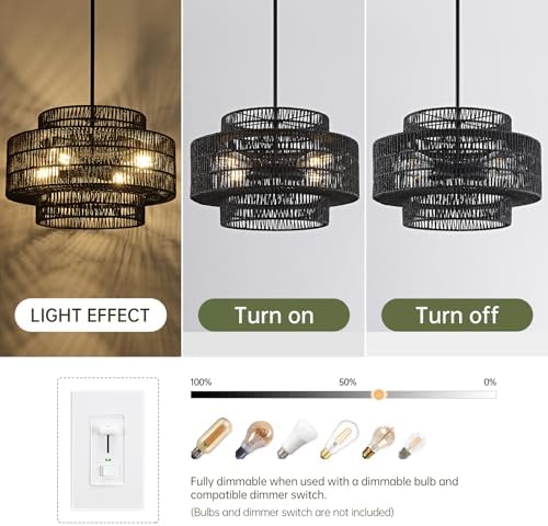 17.7" Black Rattan Chandelier for Dining Room, Boho Pendant Light - Image 4
