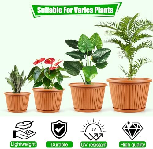 Large-Planter-Indoor-Outdoor Plant Pots, 14 inch 4 Pack Plastic Flower Pots with Saucer And Drainage Holes, Modern Garden Planters For Planting Medium Large Plants, Decorative Resin Garden Pots - Image 5
